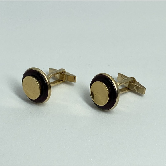 Vintage Krementz Gold Tone Red Enamel Circle Cufflinks Classic Mens Jewelry Gift - Picture 2 of 10